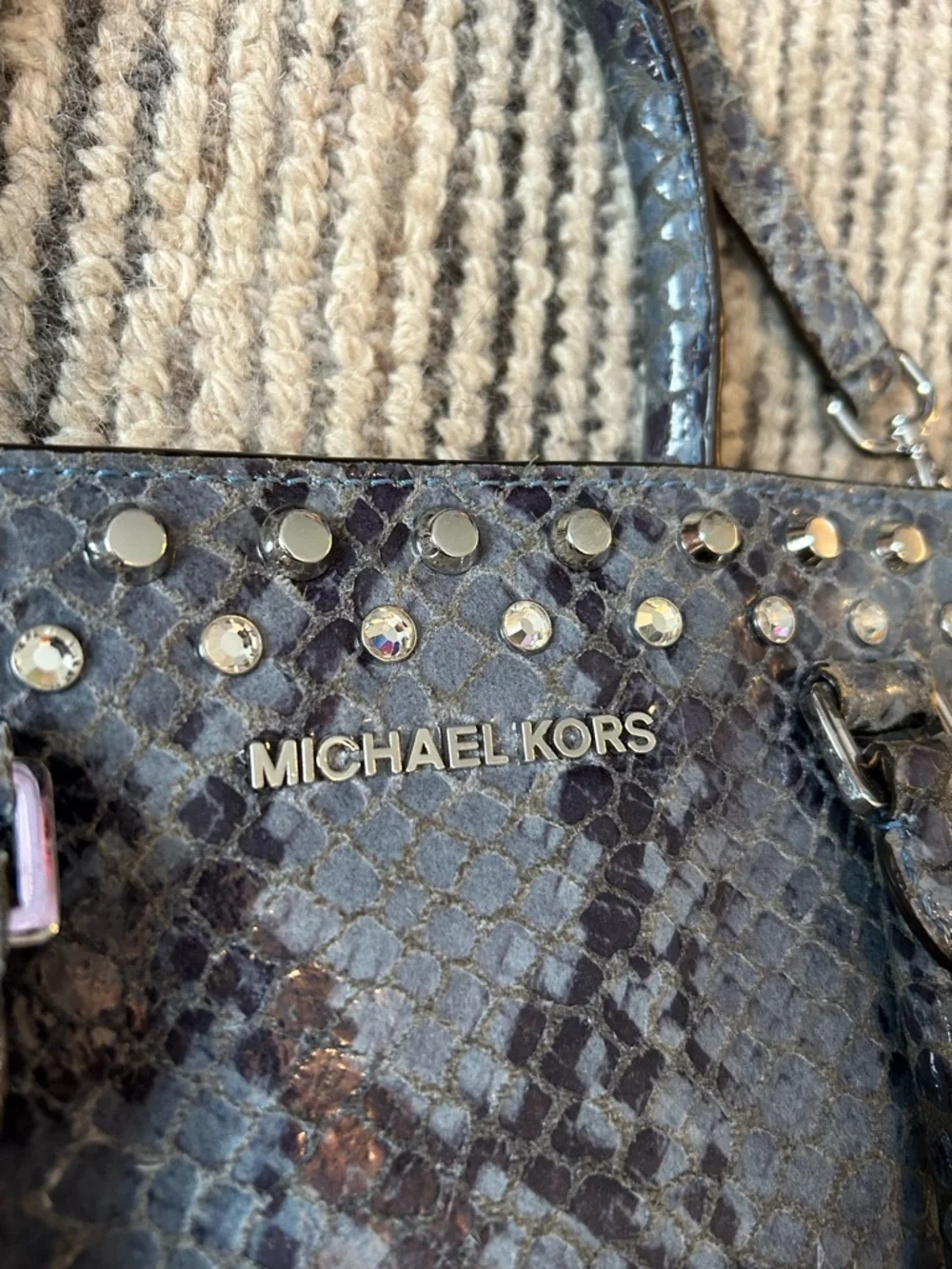 Michael Kors Snake-Embossed Studded Tote with Crossbody Strap Bag Purse Leather
